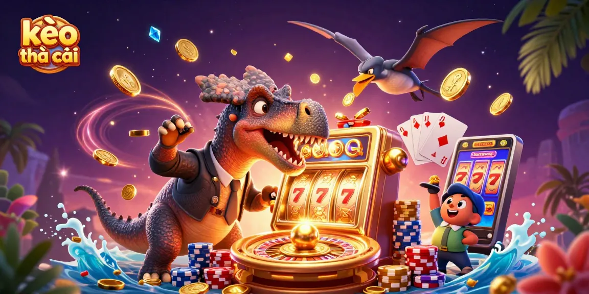 Experience thrilling kèo nhà cái excitement with cartoon dinosaurs and golden jackpots in an action-packed casino scene.
