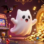 Kèo nhà cái showcases a lively gambler's scene featuring a ghost cat and a bat amidst glowing treasures and festive pumpkins.