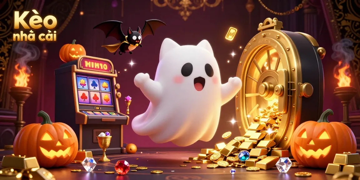 Kèo nhà cái showcases a lively gambler's scene featuring a ghost cat and a bat amidst glowing treasures and festive pumpkins.