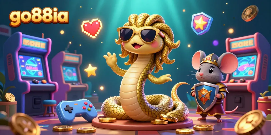 Play exciting games at go88ia, featuring friendly Medusa and a warrior in a vibrant casino scene.