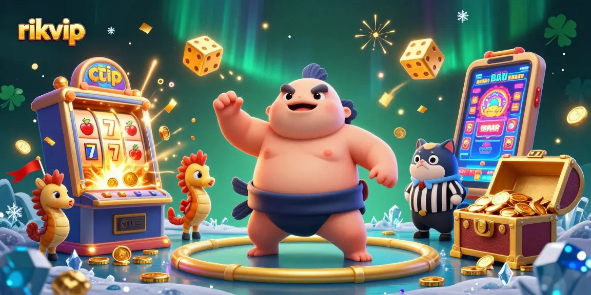 rikvip's underwater casino scene with a fugu, catfish referee, and seahorse fans enjoying slot games.