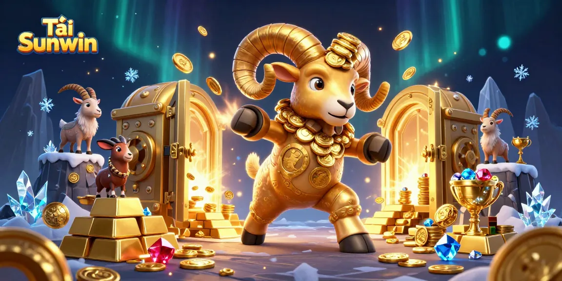 Tải Sunwin with a golden ram charging through a treasure vault in this engaging 3D gambling scene.