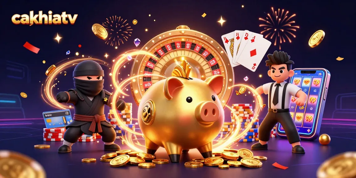CakhiaTV features an epic gambling scene with a golden sumo bank, ninja, and samurai amidst flying coins.