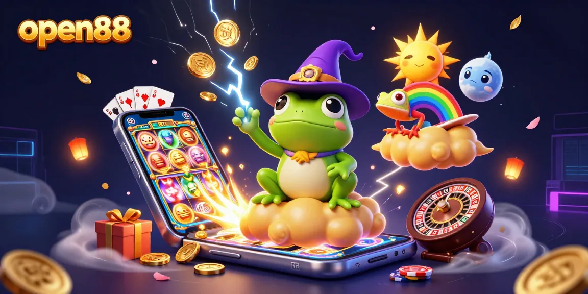 Experience the excitement of open88 as a wizard frog conjures golden coins in a vibrant casino scene.