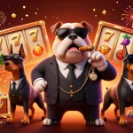Experience thrilling gameplay at sunwin chính hãng with a dynamic scene of a mafia bulldog surrounded by treasure and slots.