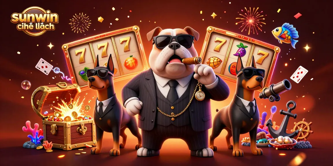 Experience thrilling gameplay at sunwin chính hãng with a dynamic scene of a mafia bulldog surrounded by treasure and slots.
