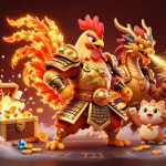 Engage with hitclub-79's exciting gameplay featuring a fighting rooster and dragon warriors in a vibrant casino environment.
