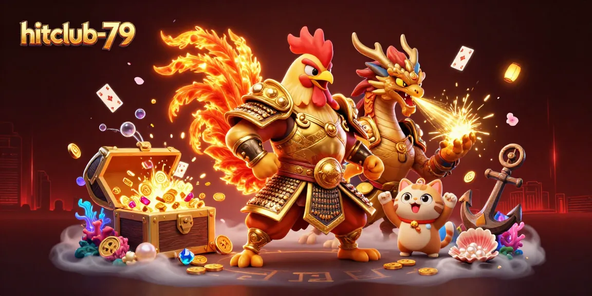 Engage with hitclub-79's exciting gameplay featuring a fighting rooster and dragon warriors in a vibrant casino environment.