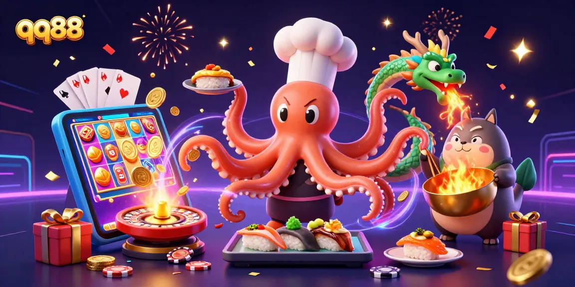 Engage in exciting games at qq88 with energetic visuals of characters around casino elements.